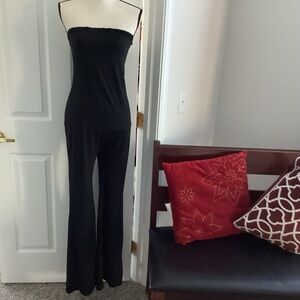 black strapless jersey knit jumpsuit